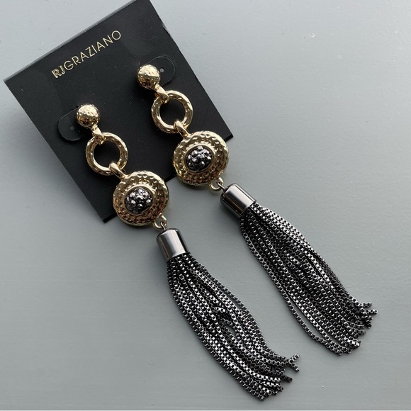 NEW RJ Graziano Gold Tone Gunmetal Tassel Drop Earrings - Picture 1 of 7